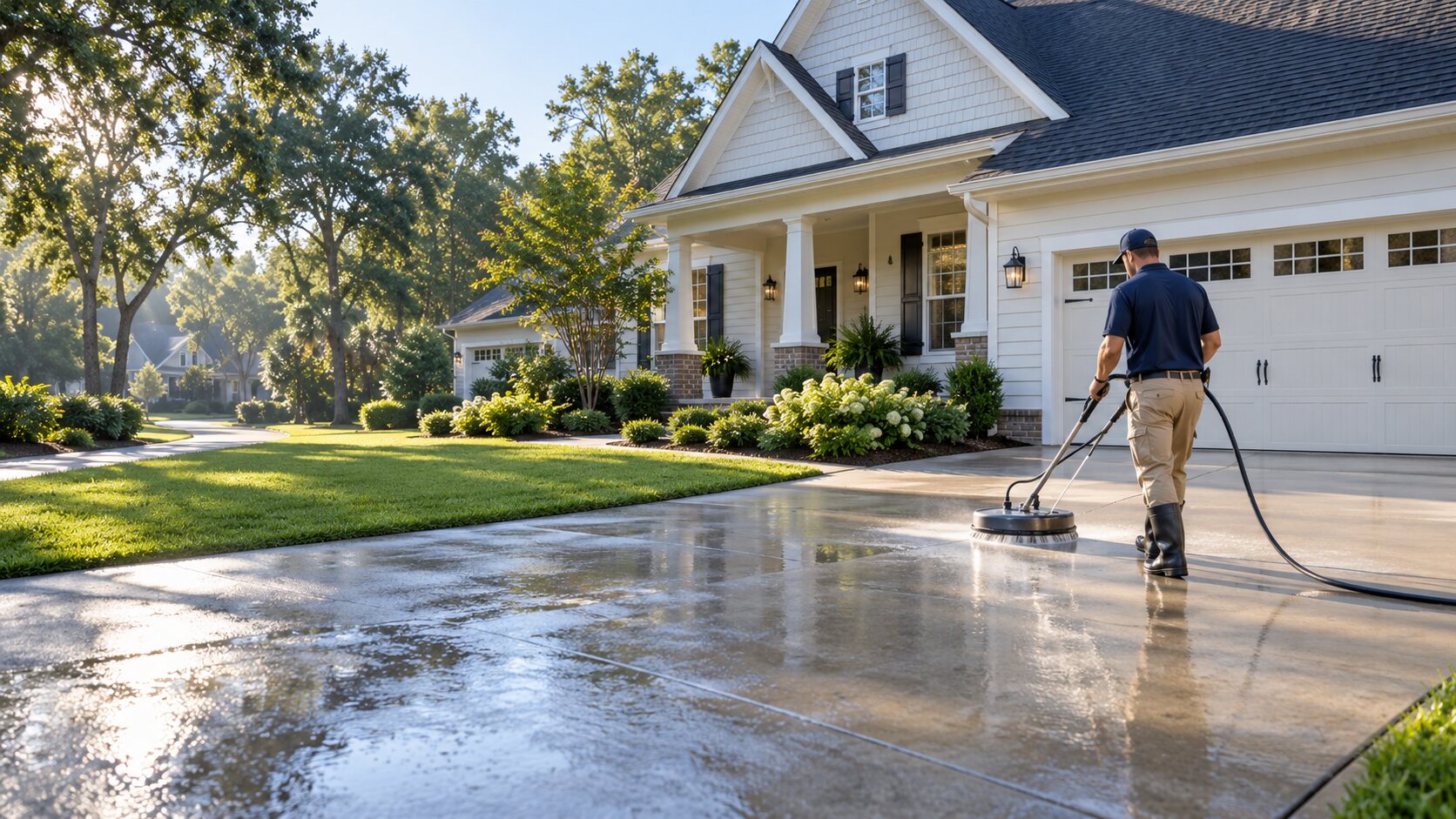Professional cleaning a residential concrete driveway